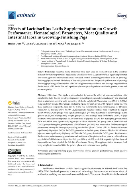 PDF Effects Of Lactobacillus Lactis Supplementation On Growth