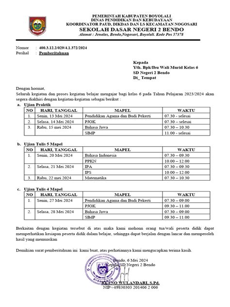 Surat Pemberitahuan Ujian Sekolah Pdf