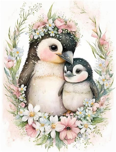 Premium AI Image A Watercolor Painting Of Two Penguins With Flowers