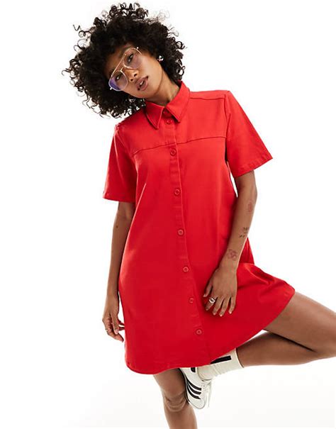 Monki Short Sleeve Button Through Collar Mini Dress In Red Asos