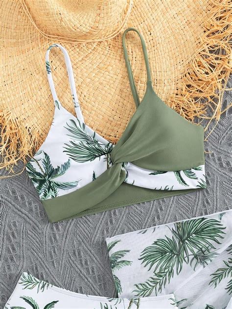 Teen Girl Tropical Print Bikini Set With Beach Skirt Summer Beach Shein Usa
