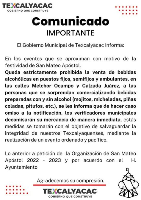 Comunicado Importante El Gobierno Municipal De Texcalyacac Informa