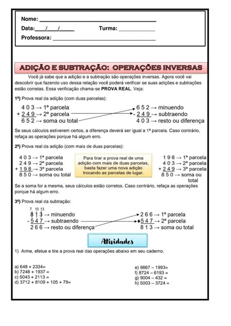 3º Ano Atividades De Matemática Adição E Subtração Cuca Super