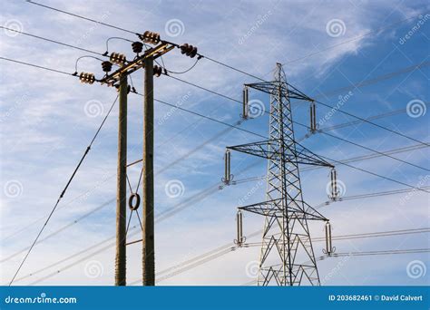 Examples Of Two Overhead Electricity Pylons Uk Stock Image Image Of