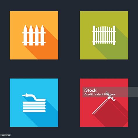 정원 울타리 호스 또는 소방 호스 및 갈퀴 아이콘을 설정합니다 벡터 가을에 대한 스톡 벡터 아트 및 기타 이미지 가을