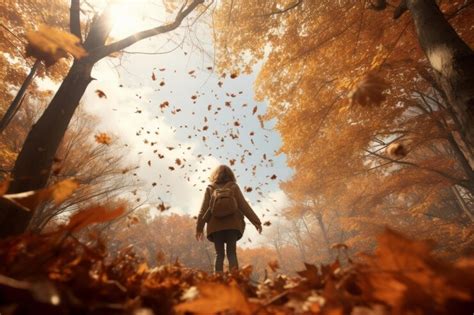 Premium Vector A Woman Walking Through An Autumn Forest With Fallen