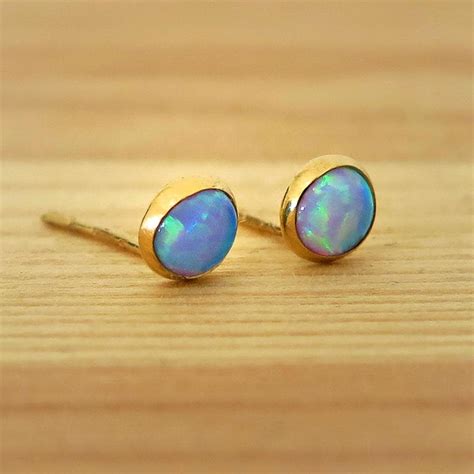 K Gold Opal Studs Blue Opal Earrings Gold Stud Earrings