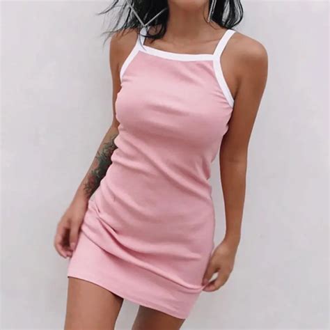 Lady Spaghetti Strap Sheath Dress Summer Solid Bodycon Dresses Women