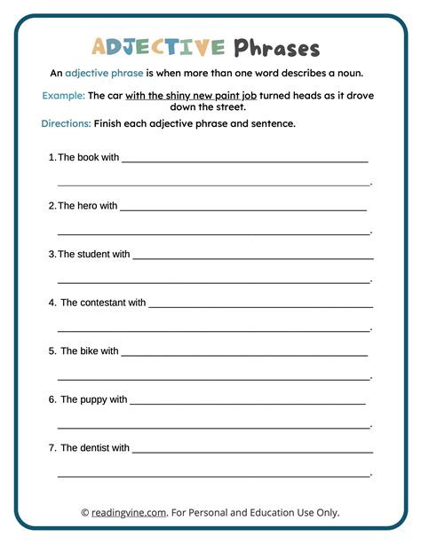 Adjective Phrases Worksheets - ReadingVine