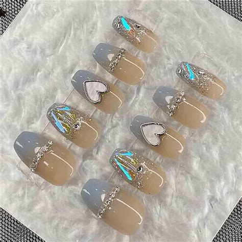 Amazon Enppode French Tip Press On Nails Blue Medium Fake Nails