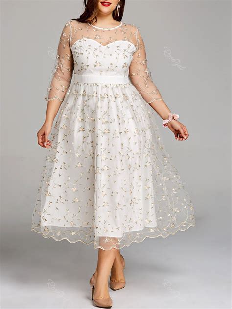 [33 Off] Plus Size Embroidery Floral Tulle Tea Length Dress Rosegal