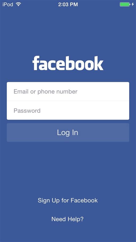 Facebook App Login Screen