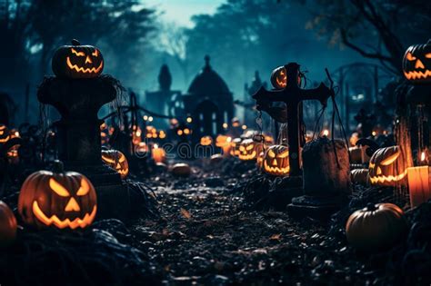 Halloween Graveyard At Night With Pumpkins With Glowing Eyes Graves