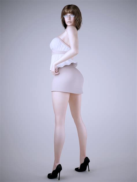 Realistic Short Haired Brunette In Poses Wearing Sexy Mini Skirt D Model