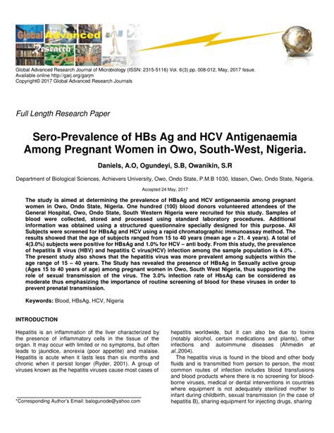 Pdf Sero Prevalence Of Hbs Ag And Hcv Antigenaemia Among Pregnant