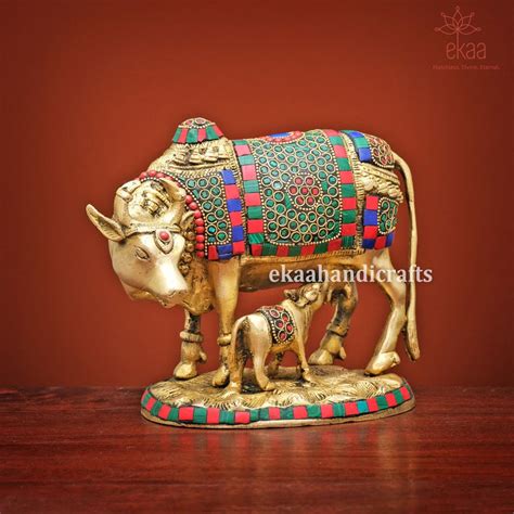 Brass Kamdhenu Cow With Calf Statue Stonework Holy Cow Idol Etsy