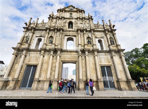 tourists visiting  ruins  st pauls cathedral part  unesco
