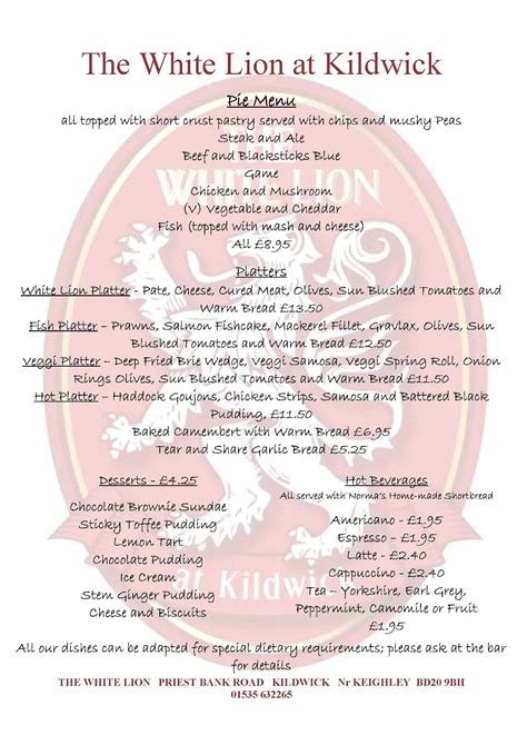 Menu at The White Lion pub & bar, Kildwick, Priest Bank Road