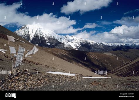 Bhutan, Himalayas, Snow-capped mountains in background; Jarala Pass ...