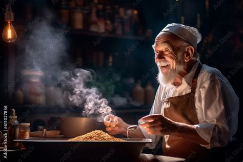 Lifestyle portrait photography of a glad old man cooking against a ...