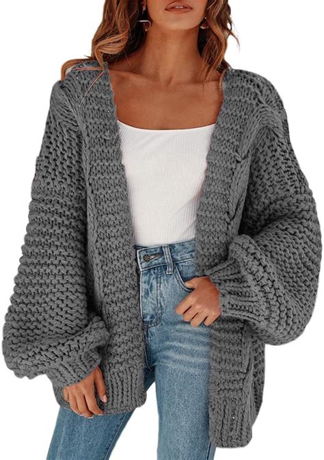 Cicy Bell Womens Open Front Chunky Knit Cardigan Loose Lantern Sleeve Oversized Sweater Coats