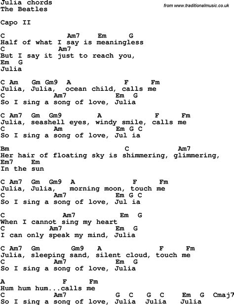 Song lyrics with guitar chords for Julia - The Beatles