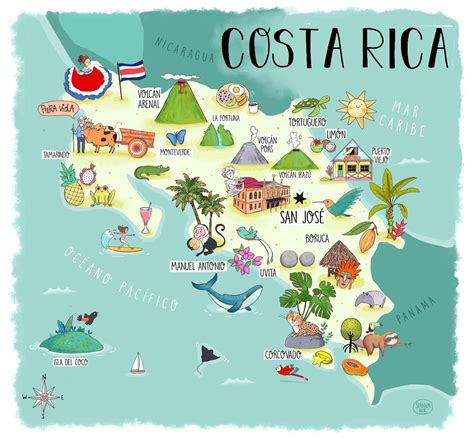 Costa Rica Illustrated Map Etsy