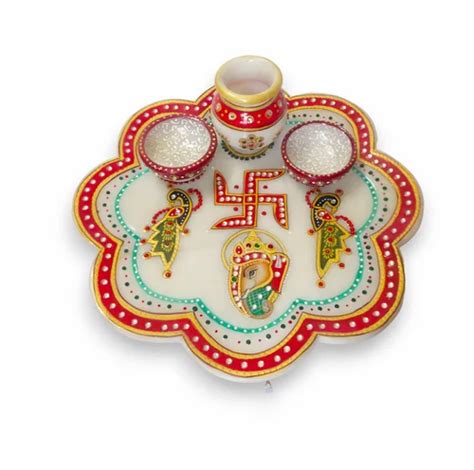 Wood Golden Marble Pooja Thali Handpainted Swasthik Ganesha And