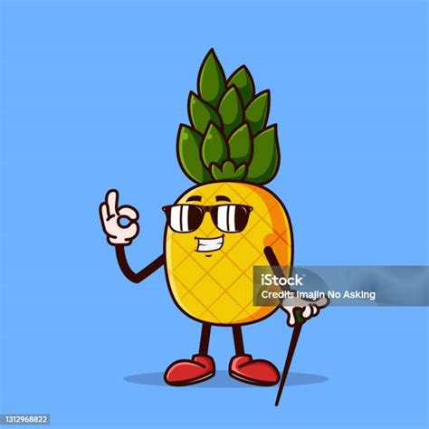 Ilustración De Lindo Personaje De Piña Con Vidrio Para Los Ojos Y Gesto De La Mano Ok Concepto