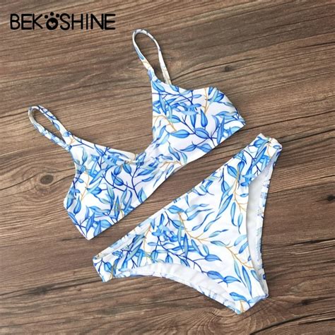 BEKOSHINE 2018 New Women Bikini Set Print Blue Swimsuit Bandage