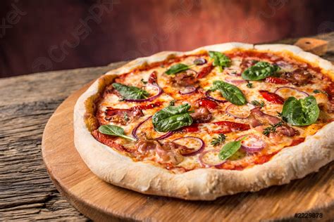 Pizza Tasty Fresh Italian Pizza With Bacon Cihili Pepper Spinach