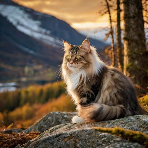 Un Gato Se Sienta En Una Roca Frente A Un Bosque Vector Premium