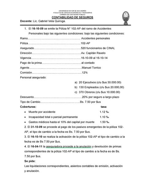 Contabilidad De Seguros Soluci N Pr Ctica Universidad Mayor De San