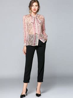 Tops Blouses Chic Print Stand Collar Bowknot Blouse