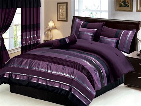 New 19 Pc King Royal Purple Black Silver Striped Comforter W Curtain