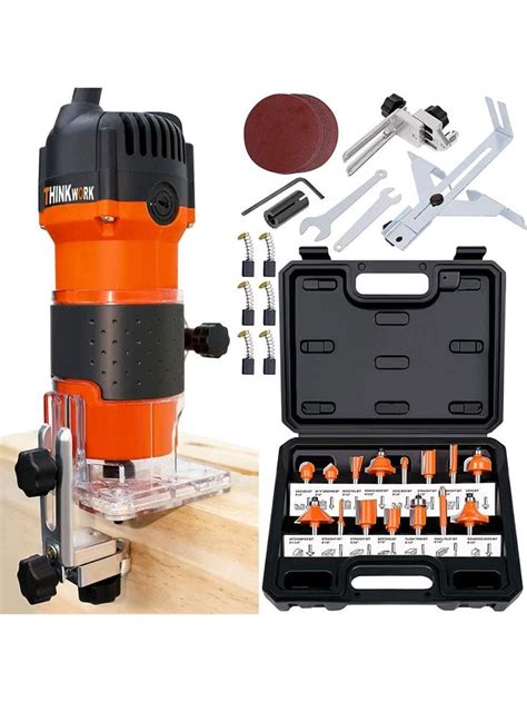 THINKWORK Compact Router, 6.5-Amp 1.25 HP Compact Wood Palm Router, Wood Trimmer with 15 pieces ...