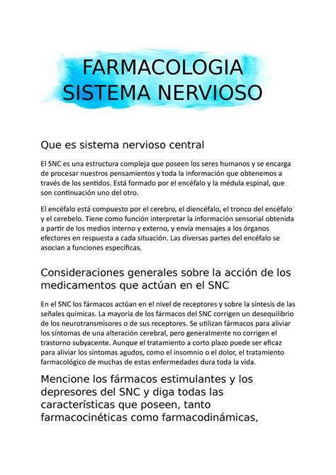 Tarea Farmacologia Que Es Sistema Nervioso Central El Snc Es Una