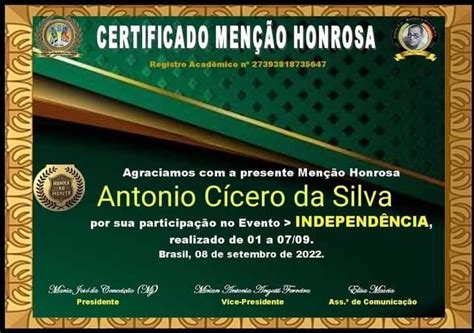 Certificado Menção Honrosa Antonio cicero Acadêmico Menção