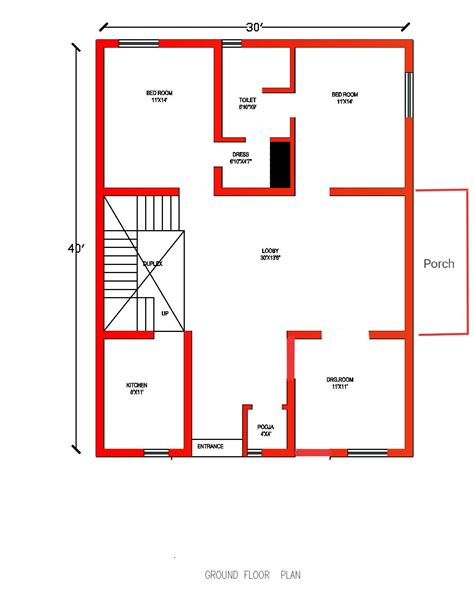 30'x40' North Facing House Plan with Red Trimmings and Stairs