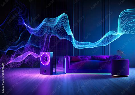 Details of futuristic modern music room with speakers and sound waves ...