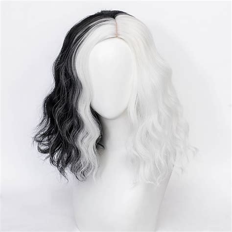 2021 Cruella Deville Wig Half Black And White Wigs Short Curly Wavy Bob Hair Women Girl Role