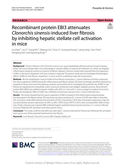 Pdf Recombinant Protein Ebi3 Attenuates Clonorchis Sinensis Induced