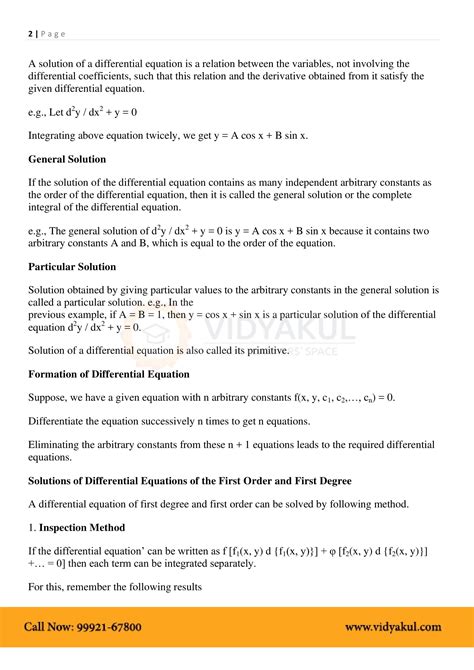 Class Th Math Differential Equations Formulas Cbse