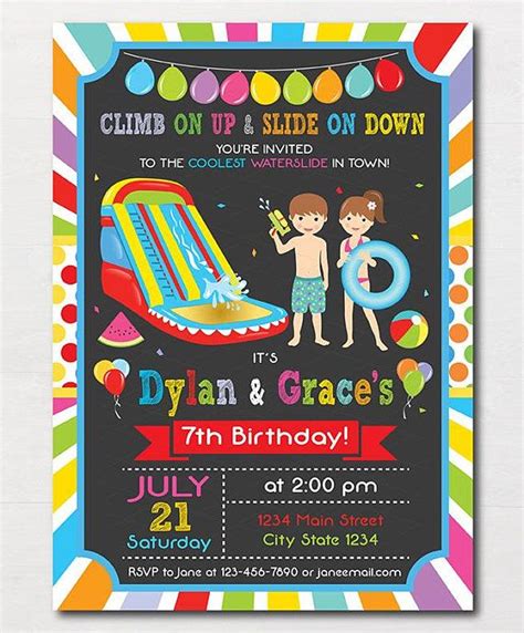 Water Slide Birthday Invitation Water Slide Invite Pool Invitation