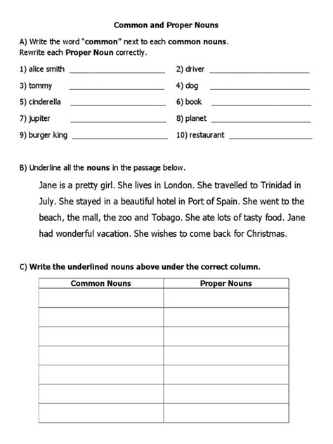 Common Noun And Proper Noun Worksheet