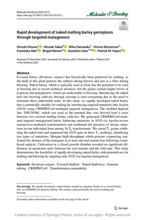 Pdf Rapid Development Of Naked Malting Barley Germplasm Through Targeted Mutagenesis