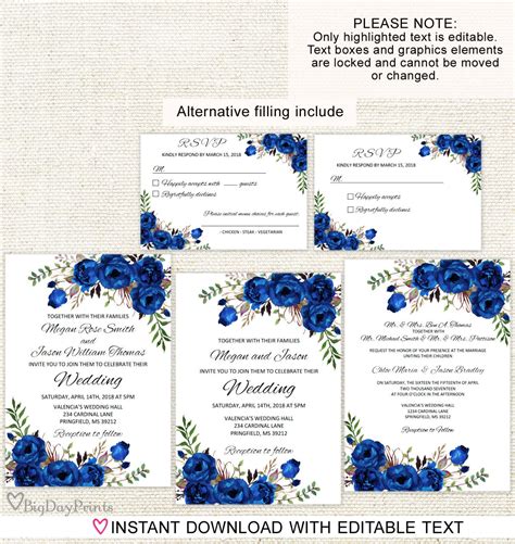 Royal Blue Wedding Invitation Blue Wedding Invitation Template Boho