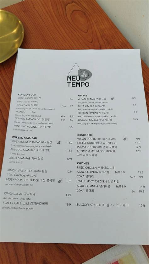 Menu at MEU TEMPO restaurant, Porto