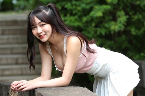 K Asian Smile Pose Skirt Singlet Glance Brunette Girl HD