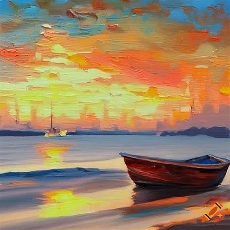 Oil Painting Of Boats On A Beach At Golden Hour On Craiyon